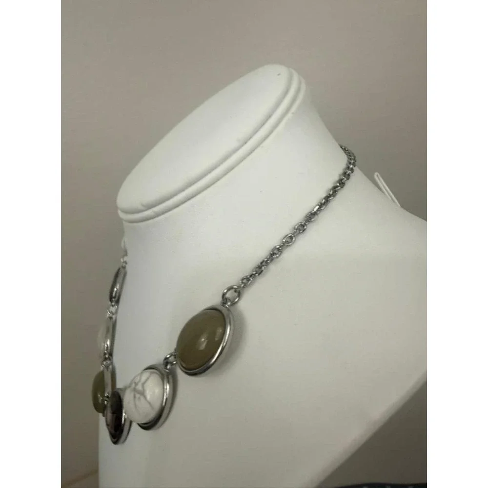 LOFT Silver Tone Necklace Stone Glass Oval Cabochon Statement Design